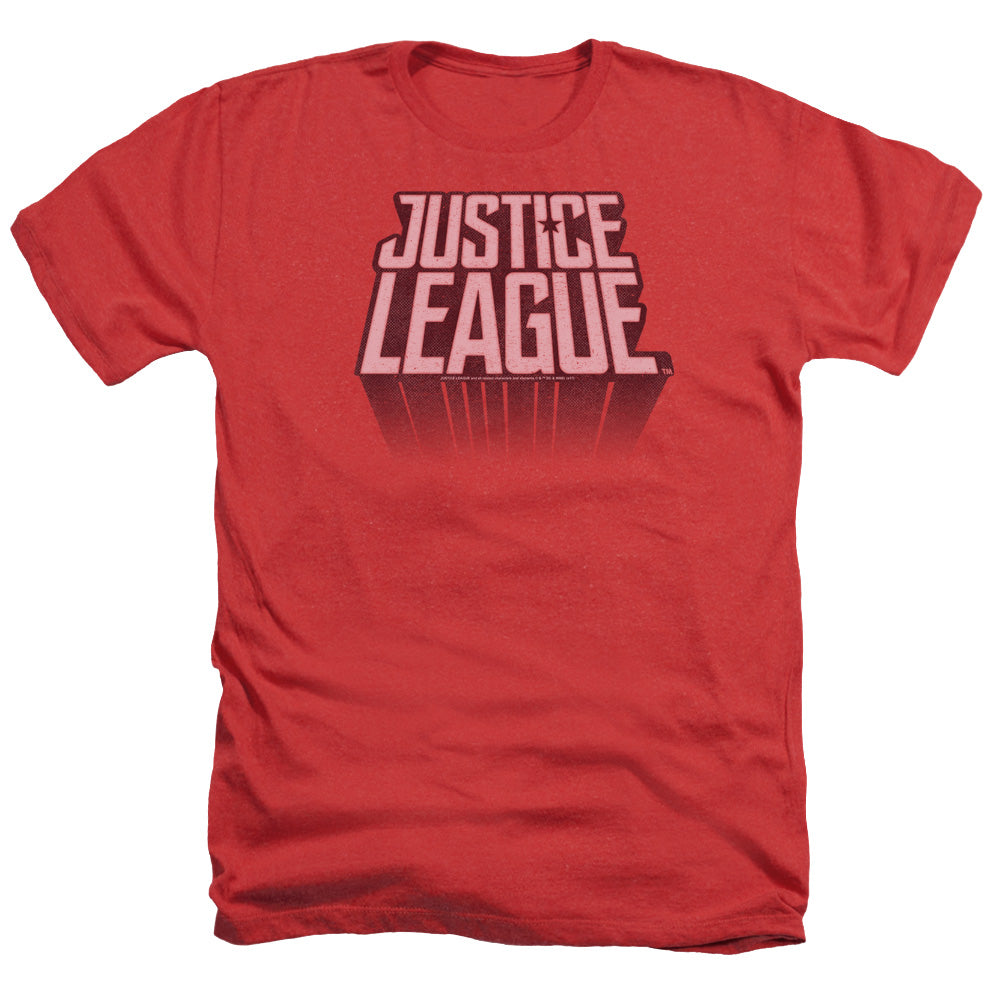 AN OFFCIALLY LICENSED JUSTICE LEAGUE MOVIE LEAGUE DISTRESSED MEN'S HEATHER T-SHIRT RED