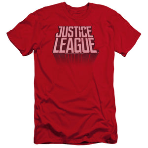 AN OFFCIALLY LICENSED JUSTICE LEAGUE MOVIE LEAGUE DISTRESSED MEN'S PREMIUM SLIM FIT T-SHIRT RED