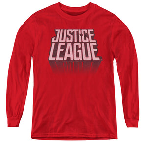 AN OFFCIALLY LICENSED JUSTICE LEAGUE MOVIE LEAGUE DISTRESSED YOUTH LONG SLEEVE T-SHIRT RED