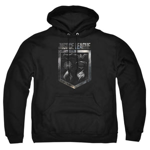 AN OFFCIALLY LICENSED JUSTICE LEAGUE MOVIE SHIELD OF EMBLEMS ADULT UNISEX PULLOVER HOODIE BLACK
