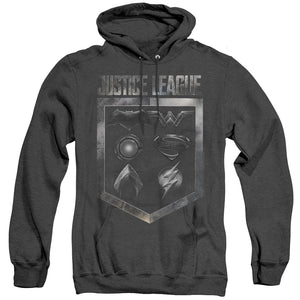AN OFFCIALLY LICENSED JUSTICE LEAGUE MOVIE SHIELD OF EMBLEMS ADULT UNISEX HEATHER PULLOVER HOODIE BLACK