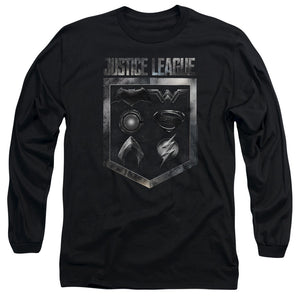 AN OFFCIALLY LICENSED JUSTICE LEAGUE MOVIE SHIELD OF EMBLEMS MEN'S LONG SLEEVE T-SHIRT BLACK