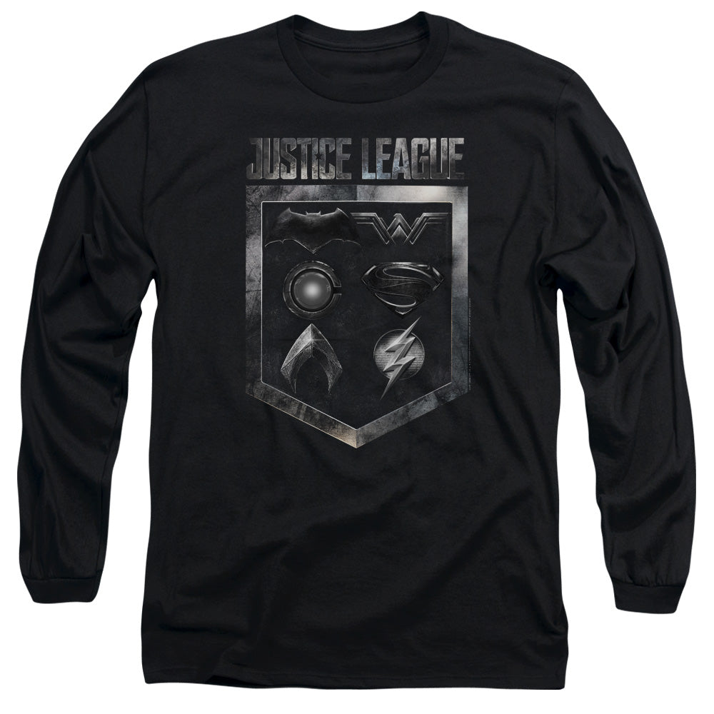 AN OFFCIALLY LICENSED JUSTICE LEAGUE MOVIE SHIELD OF EMBLEMS MEN'S LONG SLEEVE T-SHIRT BLACK