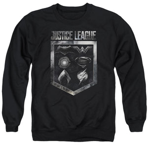 AN OFFCIALLY LICENSED JUSTICE LEAGUE MOVIE SHIELD OF EMBLEMS ADULT UNISEX CREWNECK SWEATSHIRT BLACK