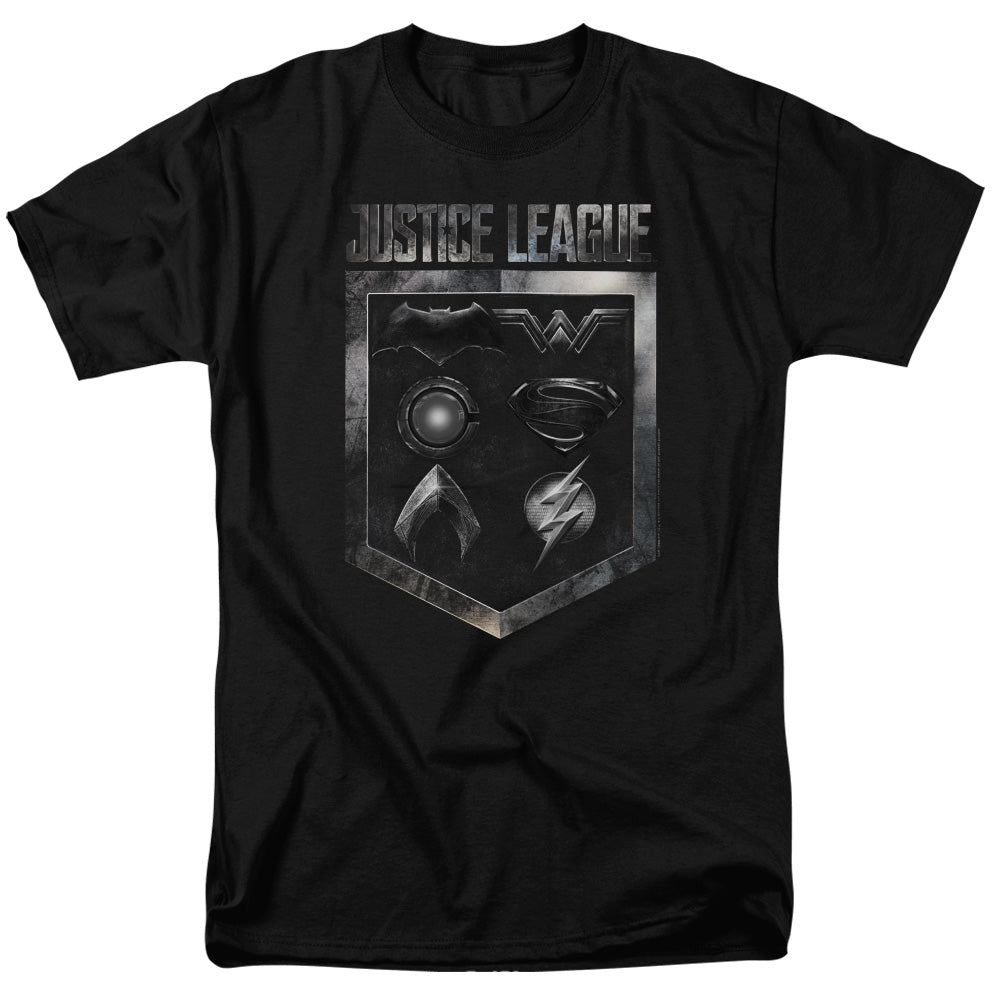 AN OFFCIALLY LICENSED JUSTICE LEAGUE MOVIE SHIELD OF EMBLEMS MEN'S REGULAR FIT T-SHIRT BLACK