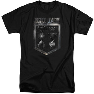 AN OFFCIALLY LICENSED JUSTICE LEAGUE MOVIE SHIELD OF EMBLEMS MEN'S TALL FIT T-SHIRT BLACK