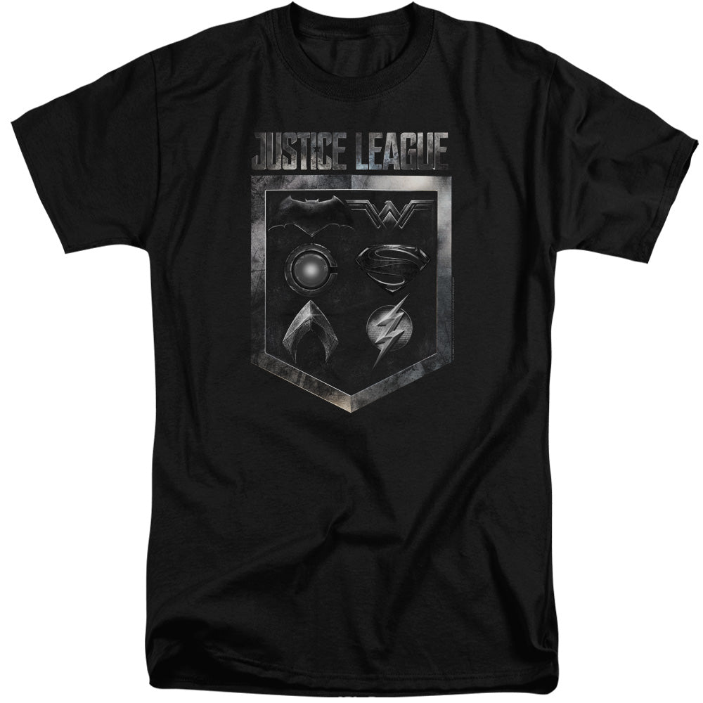 AN OFFCIALLY LICENSED JUSTICE LEAGUE MOVIE SHIELD OF EMBLEMS MEN'S TALL FIT T-SHIRT BLACK