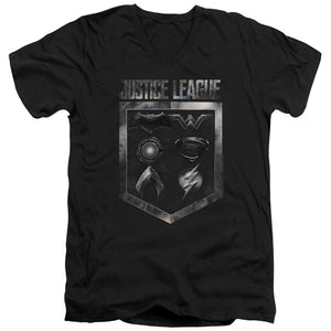 AN OFFCIALLY LICENSED JUSTICE LEAGUE MOVIE SHIELD OF EMBLEMS MEN'S V-NECK T-SHIRT BLACK