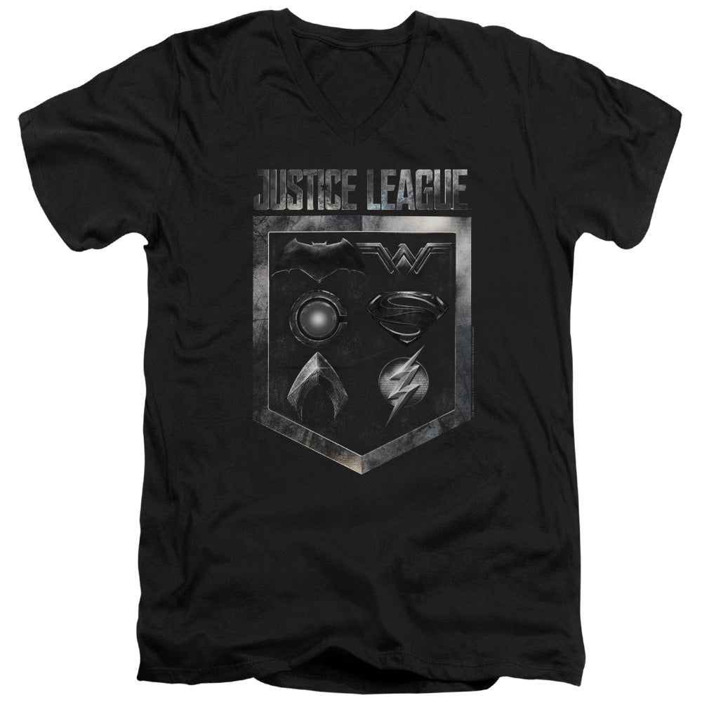 AN OFFCIALLY LICENSED JUSTICE LEAGUE MOVIE SHIELD OF EMBLEMS MEN'S V-NECK T-SHIRT BLACK