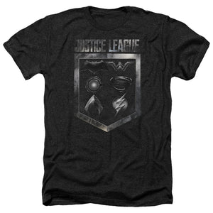 AN OFFCIALLY LICENSED JUSTICE LEAGUE MOVIE SHIELD OF EMBLEMS MEN'S HEATHER T-SHIRT CHARCOAL