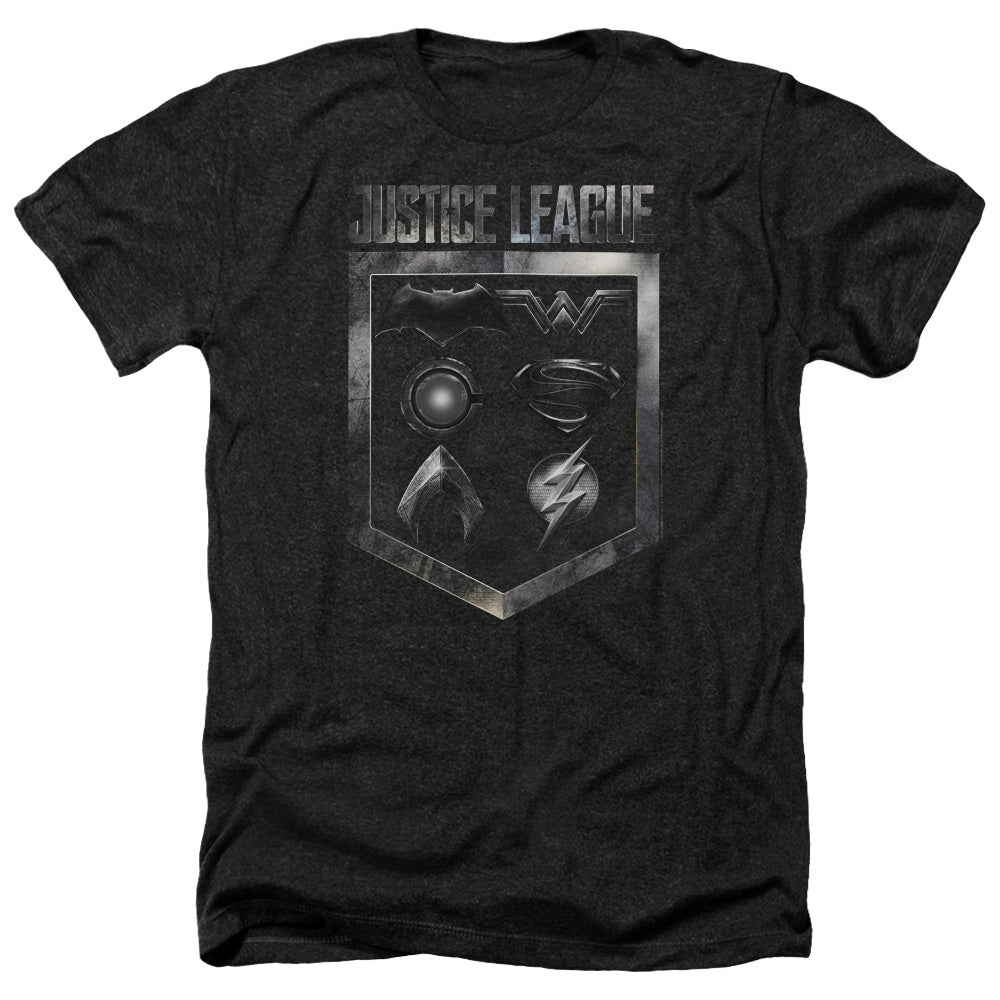 AN OFFCIALLY LICENSED JUSTICE LEAGUE MOVIE SHIELD OF EMBLEMS MEN'S HEATHER T-SHIRT CHARCOAL
