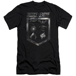 AN OFFCIALLY LICENSED JUSTICE LEAGUE MOVIE SHIELD OF EMBLEMS MEN'S PREMIUM SLIM FIT T-SHIRT BLACK