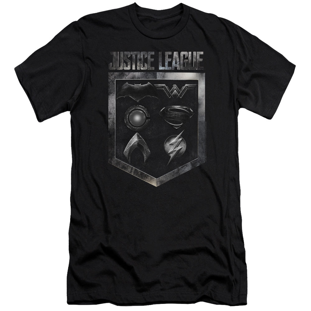 AN OFFCIALLY LICENSED JUSTICE LEAGUE MOVIE SHIELD OF EMBLEMS MEN'S PREMIUM SLIM FIT T-SHIRT BLACK