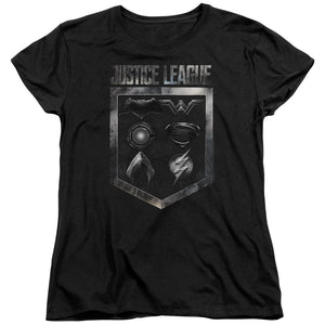 AN OFFCIALLY LICENSED JUSTICE LEAGUE MOVIE SHIELD OF EMBLEMS WOMEN'S REGULAR FIT T-SHIRT BLACK