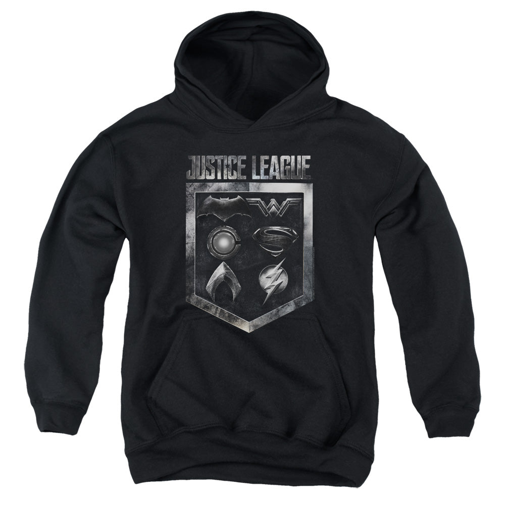AN OFFCIALLY LICENSED JUSTICE LEAGUE MOVIE SHIELD OF EMBLEMS YOUTH HOODIE BLACK