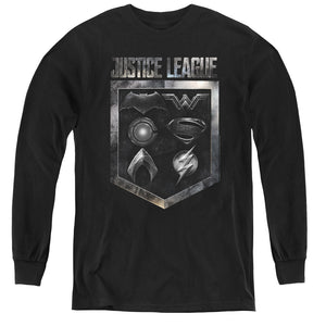 AN OFFCIALLY LICENSED JUSTICE LEAGUE MOVIE SHIELD OF EMBLEMS YOUTH LONG SLEEVE T-SHIRT BLACK