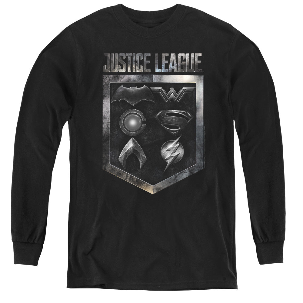 AN OFFCIALLY LICENSED JUSTICE LEAGUE MOVIE SHIELD OF EMBLEMS YOUTH LONG SLEEVE T-SHIRT BLACK