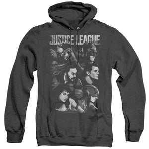 AN OFFCIALLY LICENSED JUSTICE LEAGUE MOVIE PUSHING FORWARD ADULT UNISEX HEATHER PULLOVER HOODIE BLACK
