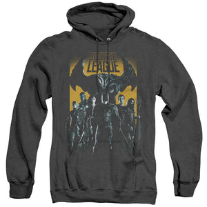 AN OFFCIALLY LICENSED JUSTICE LEAGUE MOVIE STAND UP TO EVIL ADULT UNISEX HEATHER PULLOVER HOODIE BLACK