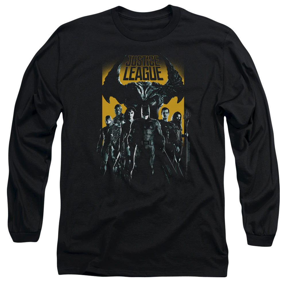 AN OFFCIALLY LICENSED JUSTICE LEAGUE MOVIE STAND UP TO EVIL MEN'S LONG SLEEVE T-SHIRT BLACK
