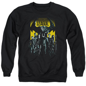 AN OFFCIALLY LICENSED JUSTICE LEAGUE MOVIE STAND UP TO EVIL ADULT UNISEX CREWNECK SWEATSHIRT BLACK