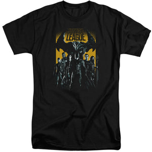 AN OFFCIALLY LICENSED JUSTICE LEAGUE MOVIE STAND UP TO EVIL MEN'S TALL FIT T-SHIRT BLACK
