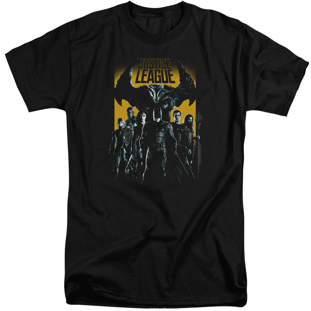AN OFFCIALLY LICENSED JUSTICE LEAGUE MOVIE STAND UP TO EVIL MEN'S TALL FIT T-SHIRT BLACK