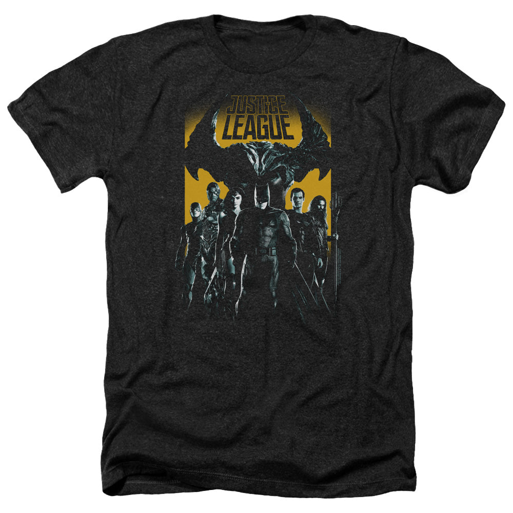 AN OFFCIALLY LICENSED JUSTICE LEAGUE MOVIE STAND UP TO EVIL MEN'S HEATHER T-SHIRT CHARCOAL