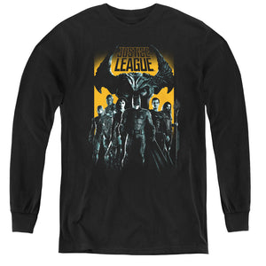 AN OFFCIALLY LICENSED JUSTICE LEAGUE MOVIE STAND UP TO EVIL YOUTH LONG SLEEVE T-SHIRT BLACK