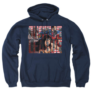 AN OFFCIALLY LICENSED JUSTICE LEAGUE MOVIE RALLY ADULT UNISEX PULLOVER HOODIE NAVY