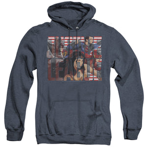 AN OFFCIALLY LICENSED JUSTICE LEAGUE MOVIE RALLY ADULT UNISEX HEATHER PULLOVER HOODIE NAVY