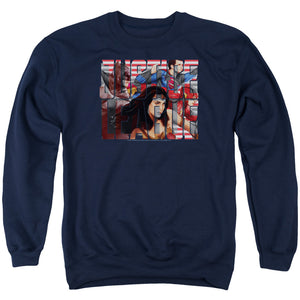 AN OFFCIALLY LICENSED JUSTICE LEAGUE MOVIE RALLY ADULT UNISEX CREWNECK SWEATSHIRT NAVY