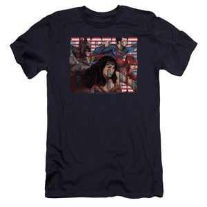 AN OFFCIALLY LICENSED JUSTICE LEAGUE MOVIE RALLY MEN'S PREMIUM SLIM FIT T-SHIRT NAVY