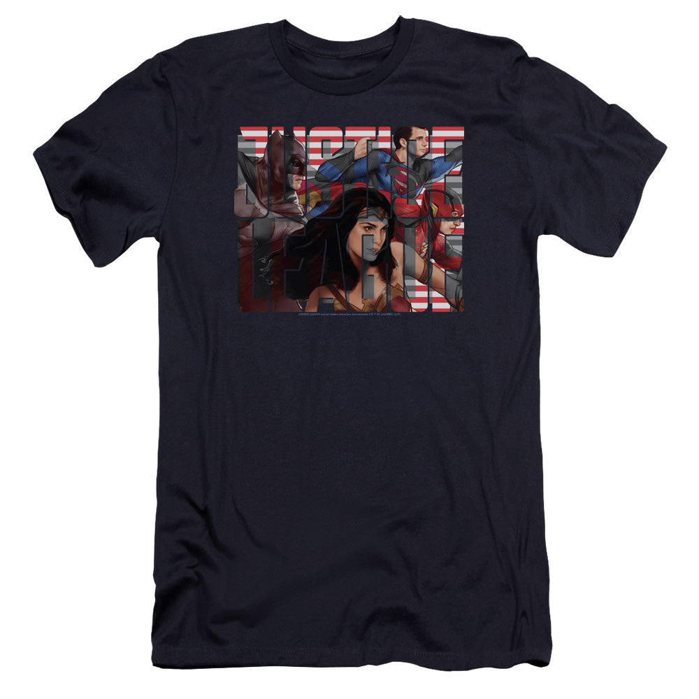 AN OFFCIALLY LICENSED JUSTICE LEAGUE MOVIE RALLY MEN'S PREMIUM SLIM FIT T-SHIRT NAVY