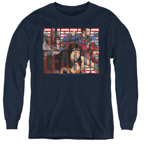 AN OFFCIALLY LICENSED JUSTICE LEAGUE MOVIE RALLY YOUTH LONG SLEEVE T-SHIRT NAVY