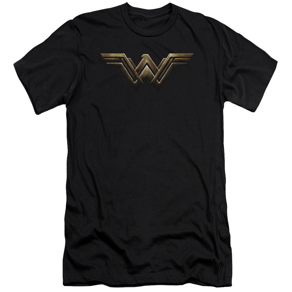 AN OFFCIALLY LICENSED JUSTICE LEAGUE MOVIE WONDER WOMAN LOGO MEN'S PREMIUM SLIM FIT T-SHIRT BLACK