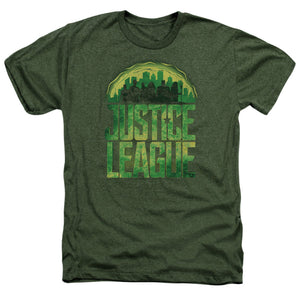 AN OFFCIALLY LICENSED JUSTICE LEAGUE MOVIE KRYPTONITE MEN'S HEATHER T-SHIRT MILITARY GREEN