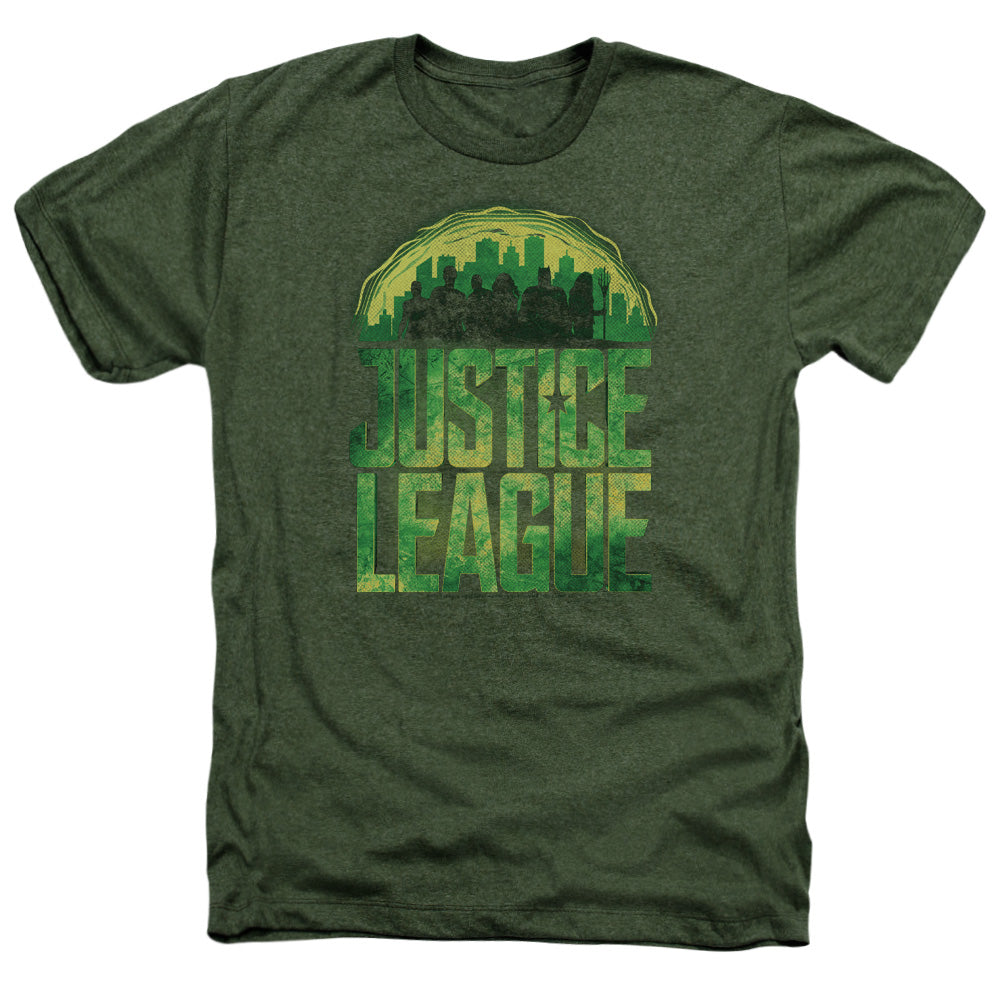 AN OFFCIALLY LICENSED JUSTICE LEAGUE MOVIE KRYPTONITE MEN'S HEATHER T-SHIRT MILITARY GREEN