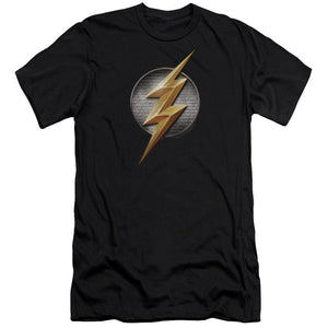 AN OFFCIALLY LICENSED JUSTICE LEAGUE MOVIE FLASH LOGO MEN'S PREMIUM SLIM FIT T-SHIRT BLACK