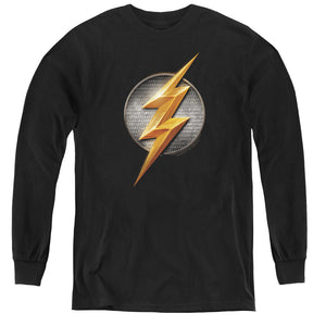 AN OFFCIALLY LICENSED JUSTICE LEAGUE MOVIE FLASH LOGO YOUTH LONG SLEEVE T-SHIRT BLACK
