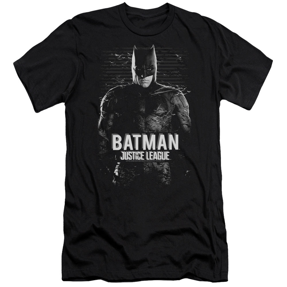 AN OFFCIALLY LICENSED JUSTICE LEAGUE MOVIE BATMAN MEN'S PREMIUM SLIM FIT T-SHIRT BLACK