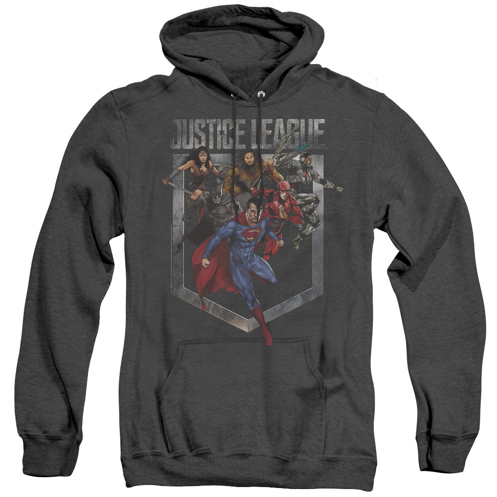 AN OFFCIALLY LICENSED JUSTICE LEAGUE MOVIE CHARGE ADULT UNISEX HEATHER PULLOVER HOODIE BLACK