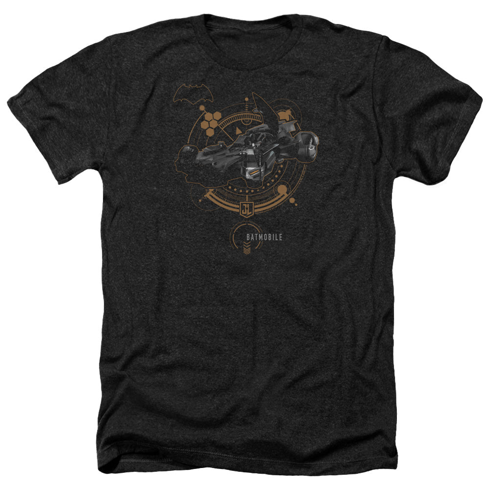 AN OFFCIALLY LICENSED JUSTICE LEAGUE MOVIE BATMOBILE MEN'S HEATHER T-SHIRT CHARCOAL