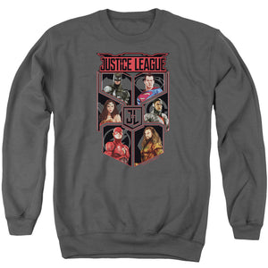 AN OFFCIALLY LICENSED JUSTICE LEAGUE MOVIE LEAGUE OF SIX ADULT UNISEX CREWNECK SWEATSHIRT CHARCOAL