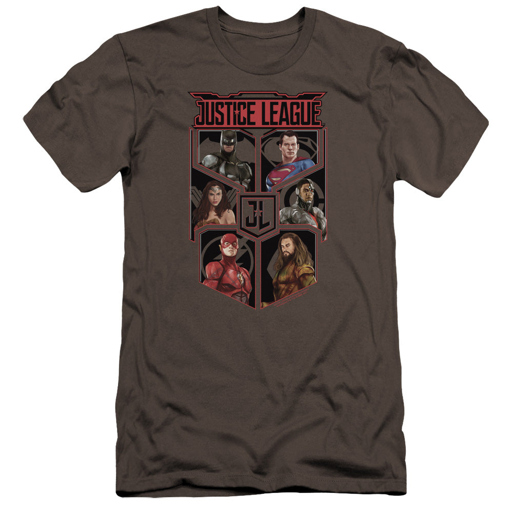 AN OFFCIALLY LICENSED JUSTICE LEAGUE MOVIE LEAGUE OF SIX MEN'S PREMIUM SLIM FIT T-SHIRT CHARCOAL