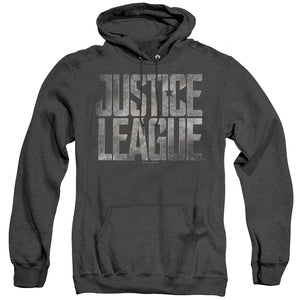 AN OFFCIALLY LICENSED JUSTICE LEAGUE MOVIE METAL LOGO ADULT UNISEX HEATHER PULLOVER HOODIE BLACK
