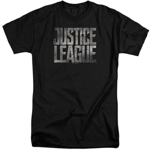AN OFFCIALLY LICENSED JUSTICE LEAGUE MOVIE METAL LOGO MEN'S TALL FIT T-SHIRT BLACK
