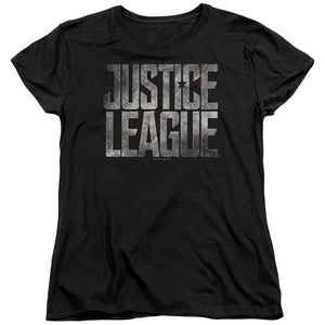 AN OFFCIALLY LICENSED JUSTICE LEAGUE MOVIE METAL LOGO WOMEN'S REGULAR FIT T-SHIRT BLACK