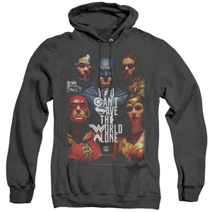 AN OFFCIALLY LICENSED JUSTICE LEAGUE MOVIE SAVE THE WORLD POSTER ADULT UNISEX HEATHER PULLOVER HOODIE BLACK