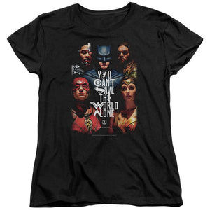 AN OFFCIALLY LICENSED JUSTICE LEAGUE MOVIE SAVE THE WORLD POSTER WOMEN'S REGULAR FIT T-SHIRT BLACK